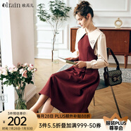Olrain歐芮兒法式酒紅色背帶連衣裙女秋秋減齡復(fù)古裙子 酒紅色 M