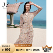 玖姿·安娜蔻優(yōu)雅民族風多層雪紡蛋糕裙收腰連衣裙女2025夏季新款 花桔紅 L