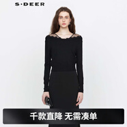 S.DEER圣迪奧女裝上衣打底衫優(yōu)雅V領(lǐng)蕾絲花邊拼接黑色針織衫S22183514 黑色/91 M 165