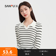 三福毛衣2024秋季側(cè)邊抽繩V字翻領(lǐng)毛針織衫上衣女裝490531 黑白條 S