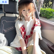 事思蝴蝶結圍巾短袖T恤女ins國潮夏季學(xué)生綁帶寬松設計感半袖上衣 白色 M 建議60-100斤