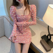 Opeodly碎花連衣裙女法式復(fù)古方領(lǐng)收腰包臀短裙2025春春新款氣質(zhì)長袖裙子 圖片色 S