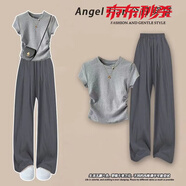 貝仙祺2025夏季新款女裝套裝純棉韓系風(fēng)套裝女夏新款正肩短袖T恤寬松闊 淺灰色上衣+深灰色褲子【二件套 M 95-105斤