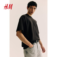 H&M男裝T恤2024年秋季新品休閑柔軟棉質(zhì)直筒圓領(lǐng)短袖上衣1074658 黑色 S 170/92