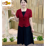 初徑媽媽夏裝蕾絲假兩件連衣裙年輕時尚中老年女士夏季短袖小個子裙子 紅色 4XL 135-145斤