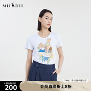 謎底夏季新款圓領特色印花T恤短袖女修身繡花上衣232MT0683 亮白 S