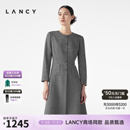 朗姿/LANCY秋冬新款黑色圓領(lǐng)羊毛格子連衣裙子女收腰口袋氣質(zhì) 黑色 S