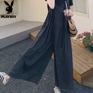 花花公子;PLAYBOY氣質(zhì)休閑條紋背帶褲寬松闊腿褲2025新款短袖連體褲女夏季兩件套裝 條紋【單件背帶褲】 高品質(zhì) M 建議98-113斤左右