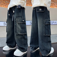 G.duck特價小黃鴨男童酷帥牛仔褲秋冬季新款一體絨工褲子2025 藍灰色【春秋款】 140 cm