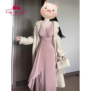 蜜樂(lè )奇長(cháng)袖連衣裙秋天女2026年新款氣質(zhì)粉色扭結v領(lǐng)春秋季修身綁帶裙子 粉色【溫柔甜美風(fēng)】 S 建議【70-90斤】