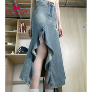 蜜樂(lè )奇不規則開(kāi)叉牛仔半身裙女夏季高腰a字中長(cháng)設計感顯瘦包臀魚(yú)尾裙子A 復古藍 2XL 【建議130-150斤】
