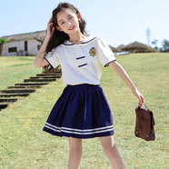 迪士尼女童POLO襯衫夏季套裝2023新款兒童學(xué)院風(fēng)兩件套中小童寶寶jk短裙 白襯衫+藍(lán)短裙兩件套 薄款 160 cm