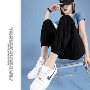 何佳功冰絲運動(dòng)褲女夏薄款寬松速干高腰防曬休閑透氣九分褲長(cháng)褲 黑色 M 【建議85-100斤】