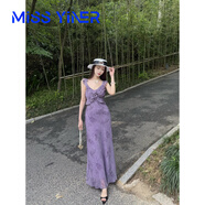 MISS YINER2025夏季新款碎花v領(lǐng)飛飛邊紫色感優(yōu)雅荷葉邊顯瘦斜裁連衣裙 青蓮紫 L