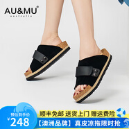 AU&MU春夏季牛皮勃肯鞋女復古魔術貼一字拖軟木厚底增高外穿沙灘涼鞋男 G986黑色-男女款【絨面牛皮】 36