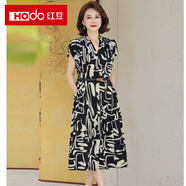紅豆（Hodo）媽媽連衣裙夏季2025新款端莊大氣中年女裝夏裝短袖雪紡斑馬紋裙子 黑色 2XL (建議100-115斤)