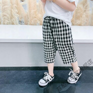 慕栢森男女寶寶夏季新款童裝男女童七分中褲子黑白格子褲薄款韓版寬松褲 黑白格夏季 七分防蚊褲 90 碼建議身高80-85