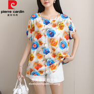 皮爾卡丹中國風(fēng)印花夏季棉綢上衣女時(shí)尚圓領(lǐng)t恤薄款半袖寬松顯瘦大碼胖mm E立體玫瑰 XL