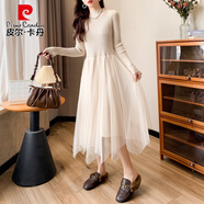 皮爾卡丹（pierre cardin）春裝長款過膝針織連衣裙女2025春秋中長款蕾絲拼接毛衣裙修身顯瘦 卡其色 S
