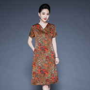聲雨竹2025長版肚子裙子媽媽印花裝桑蠶絲遮中年洋裝夏季真絲女 橘紅 XL