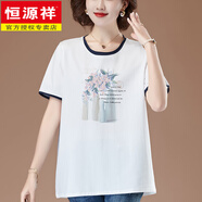 恒源祥媽媽夏裝刺繡純棉T恤女短袖洋氣中年婦女汗衫寬松加肥加大碼上衣 白色短袖 L (適合100-115斤)