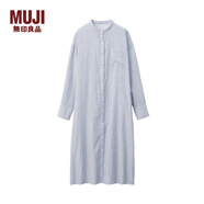 無(wú)印良品 MUJI 女式 印度棉雙層紗織 立領(lǐng)連衣裙 海軍藍(lán)X條紋  M-L