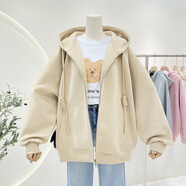以純（YISHion）春秋薄款連帽女士衛衣2025新款冬季加絨加厚oversize美式外套 杏色 M 80-100斤