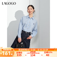 lagogo純棉藍白條紋刺繡長袖襯衫女拉谷谷春秋新款清新百搭上衣 藍白(NV) L