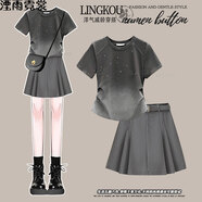 湮雨霓裳半身裙女夏季套裝女2025新款穿搭短袖T恤搭配顯瘦百褶短裙兩件套 上衣 M 建議80-100斤