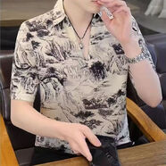 蘇京貓夏季短袖T恤男POLO衫冰絲V領(lǐng)碎花半袖帥氣寬松潮流五分袖打底上衣 圖片色 XL