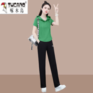 啄木鳥純棉連帽短袖t恤女士2025夏新款修身顯瘦半袖休閑短款上衣帶帽衫 綠色套裝 L(建議100斤-115斤)