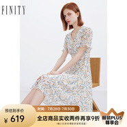 菲妮迪品牌連衣裙夏季新款簡約氣質(zhì)印花度假風(fēng)荷葉袖V領(lǐng)A字裙 白底印花 M