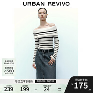 UR秋季新款女修身撞色條紋一字露肩長(zhǎng)袖針織衫UWM940009 象牙白 S