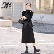 DK品牌女裝韓系穿搭PU皮馬甲連衣裙套裝女秋新款收腰長(cháng)裙兩件套 黑色 L