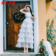 美安嘉蕾絲刺繡鏤空連衣裙女學(xué)生夏季長(cháng)款蓬蓬蛋糕裙度假長(cháng)裙子仙女白色 白色 2XL