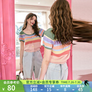 妖精的口袋彩虹條紋冰絲短袖針織衫女24夏新款多巴胺開衫甜美上衣 繽紛綠彩條 M