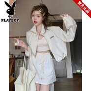 花花公子（PLAYBOY）2025夏季輕薄防曬運動(dòng)套裝女設計感小眾立領(lǐng)長(cháng)袖棒球服短裙兩件套 杏色兩件套 S [UPF50+歐貨/感/街拍]