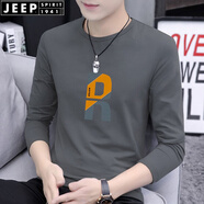 JEEP SPIRIT秋季新款重磅純色男士長袖t恤男士潮牌男生體恤打底衫搭印花上秋 P-SKY-9060-炭灰 M 建議75-90斤