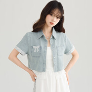 思梵蓓2025新款蕾絲花邊拼接短款牛仔外套女夏季鹽系穿搭短袖牛仔上衣潮 淺藍(lán)色 S （建議95斤以?xún)?nèi)）