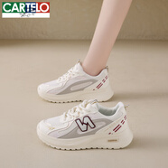 卡帝樂鱷魚（CARTELO）網(wǎng)面透氣字母小白鞋女2025新款輕便軟底運動休閑鞋時尚百搭學(xué)生鞋 米紅 37
