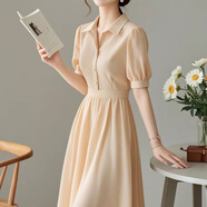 羅蒙（ROMON）2026新款輕奢高級感小個(gè)子法式氣質(zhì)純色顯瘦收腰連衣裙子女裝夏季 杏色 L 105-115斤