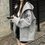 以純 YISHION連帽衛(wèi)衣女春秋oversize薄款拉鏈開衫外套寬松韓系慵懶chic風(fēng)上衣 淺灰色(春秋薄款) M
