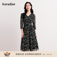 珂萊蒂爾秋季時(shí)尚優(yōu)雅黑色印花七分袖A字連衣裙中長款女 黑色 S