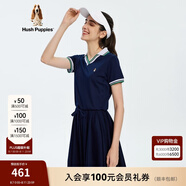 Hush Puppies暇步士女裝連衣裙時(shí)尚V領(lǐng)收腰百褶Polo裙 196深藍(lán) M