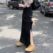 歌司朗工裝半身裙開(kāi)叉辣妹包臀女秋冬歐美高腰顯瘦包臀褶皺長(zhǎng)裙 黑色 5XL