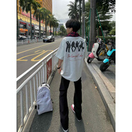 燦圖美式潮流樂隊(duì)印花短袖t恤男夏季寬松五分半袖高街純棉打底體恤衫 白灰色 M 【建議80-100斤】