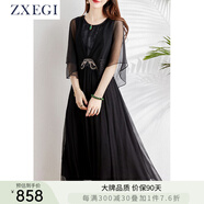 ZXEGI裙子夏天女裝時尚桑蠶絲100%真絲連衣裙法式洋氣收腰顯瘦裙子女 黑色 XL （106-120斤）