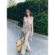 皓舒不規(guī)則斜肩抽繩修身長(zhǎng)袖T恤女夏季休閑套裝高腰微喇叭長(zhǎng)褲兩件套 灰杏色上衣+灰杏色長(zhǎng)褲 S
