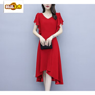 初徑時(shí)尚氣質(zhì)減齡雪紡短袖連衣裙女遮肚子顯瘦中長(cháng)款裙子夏季新款 紅色 M 90-100斤