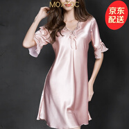 MOXTOC性感睡衣女士冰絲睡裙V領(lǐng)薄款蕾絲寬松顯瘦仿真絲家居服可外穿 粉紅色 L (建議100-120斤)
